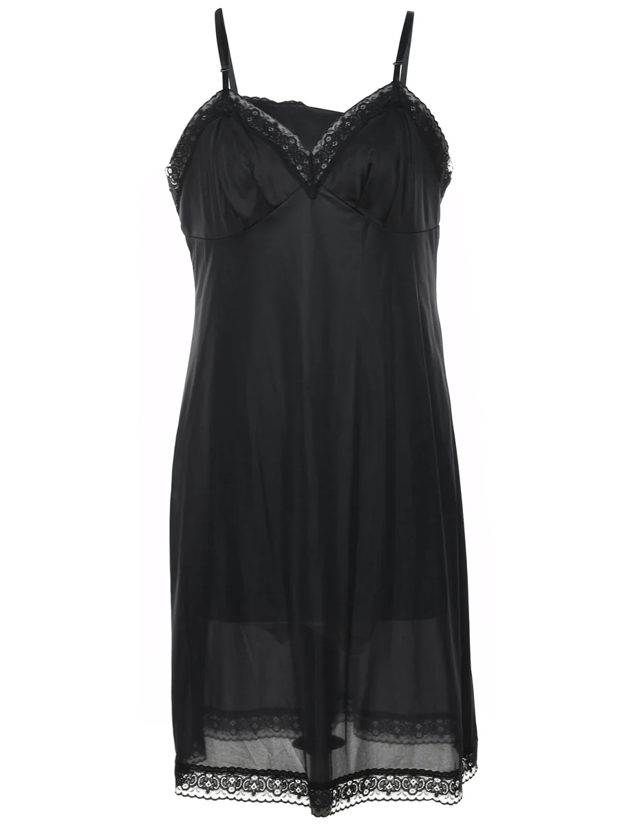 Vintage Black Classic Lace Trim Slip Dress - M