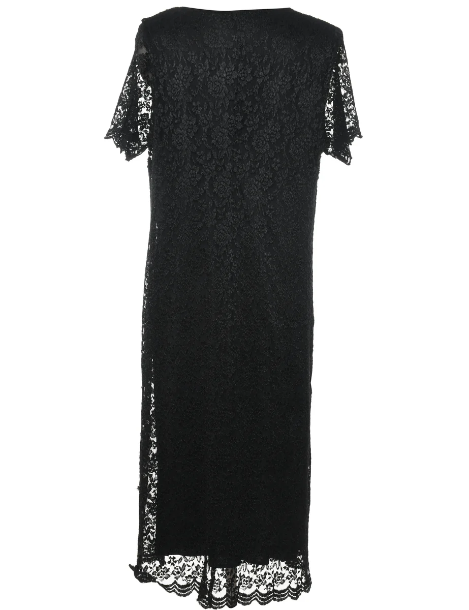 Vintage Black Floral Lace Evening Dress - L - Image 2