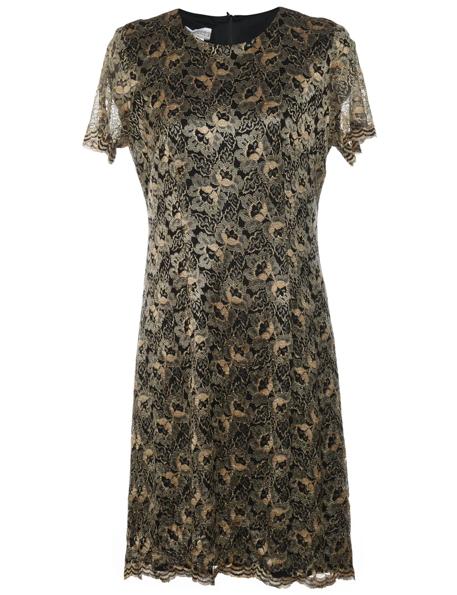 Vintage Black & Gold Floral Lace Evening Dress - M