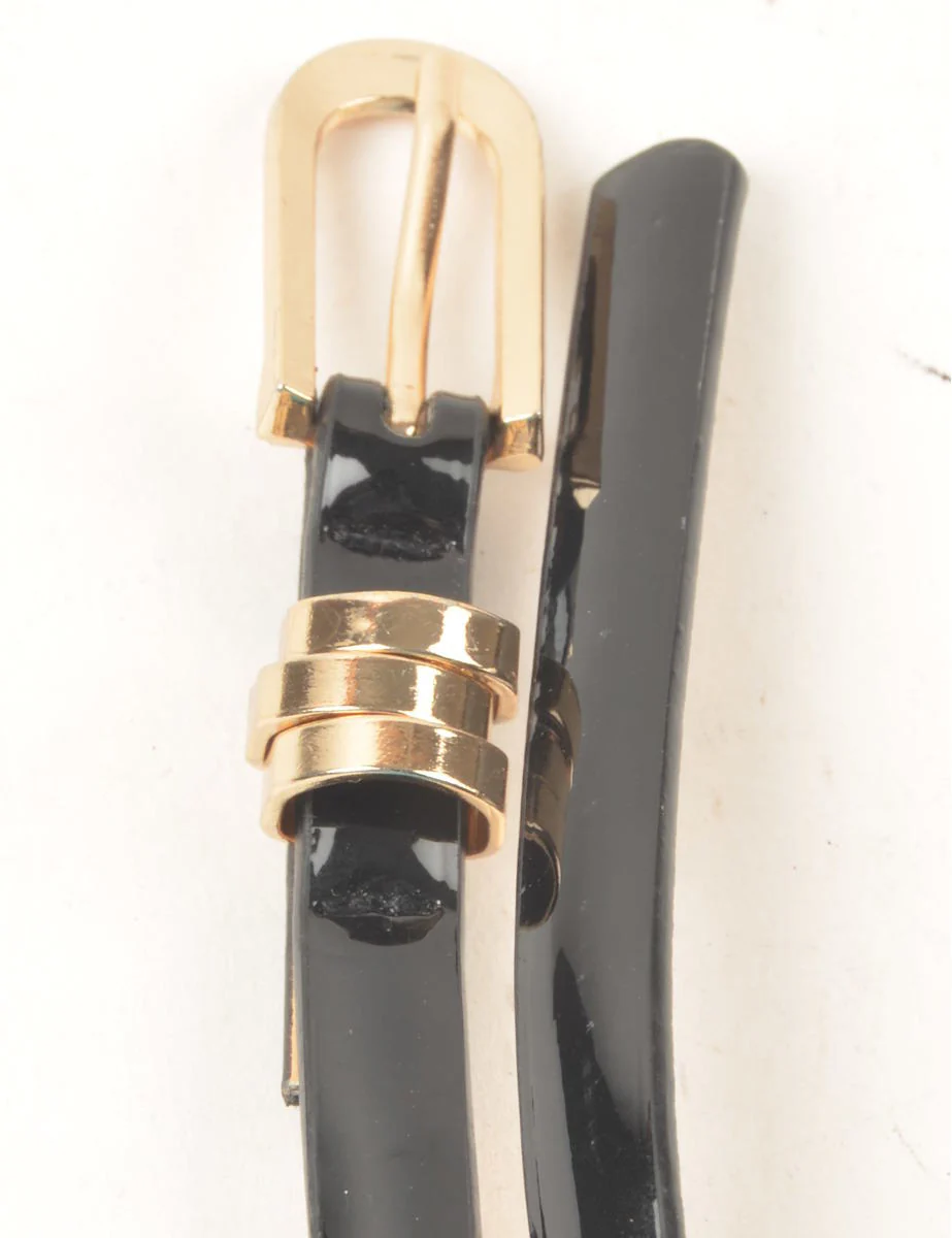Vintage Black Leather Skinny Belt - S - Image 2
