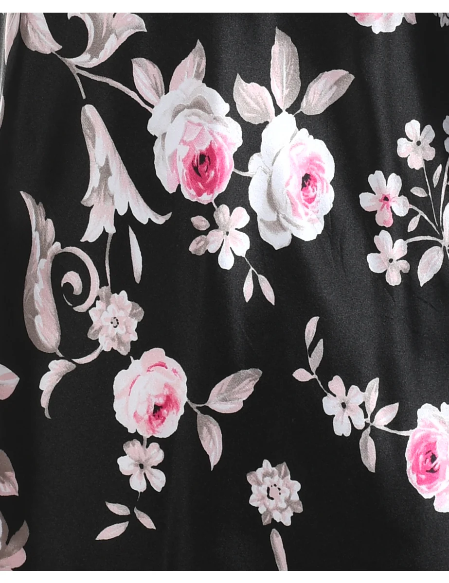 Vintage Black & Pink Floral Print Slip Dress - M - Image 3