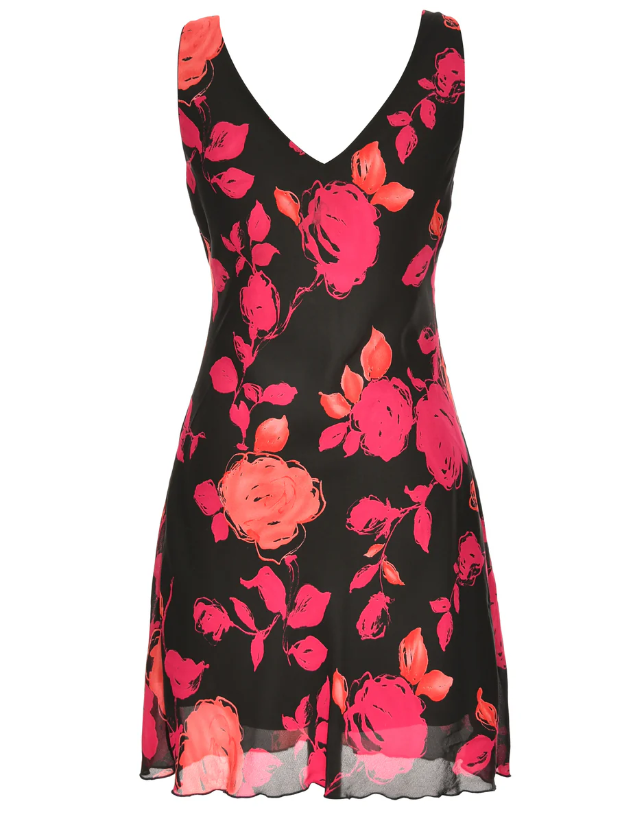 Vintage Black, Pink & Red Floral Sleeveless Dress - M - Image 2
