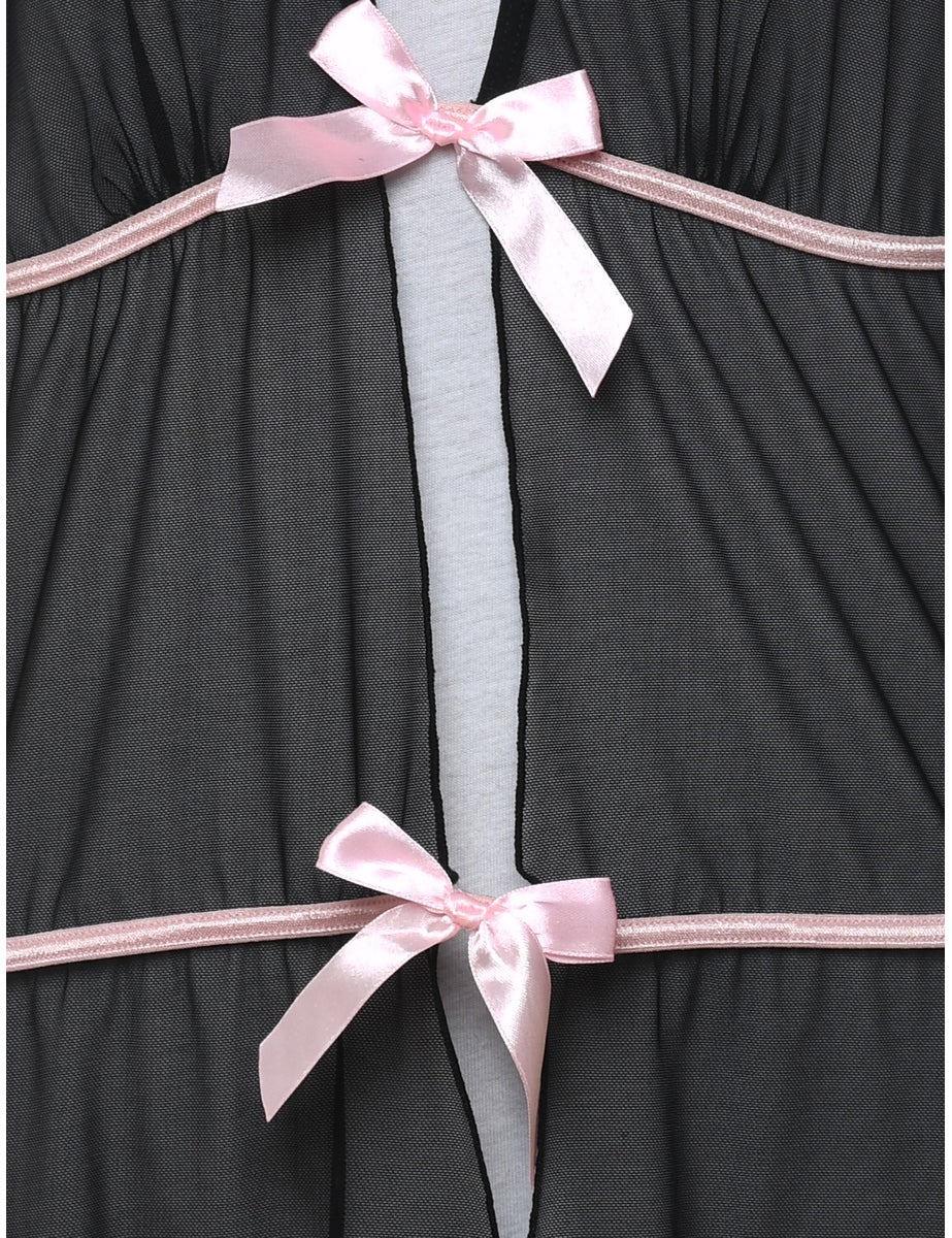 Vintage Black Sheer Halterneck Pink Ribbon Trim Babydoll - S - Image 3