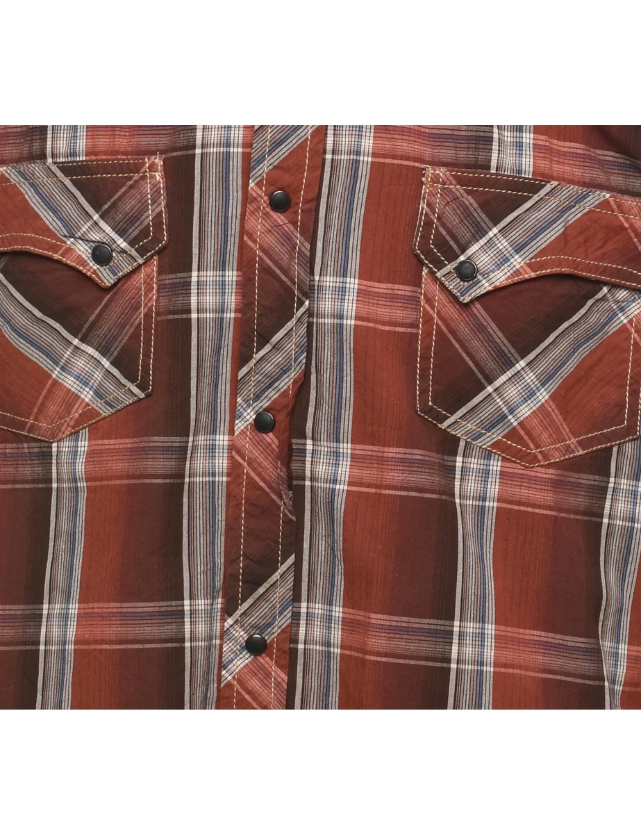 Vintage Brown Embroidered Western Checked Shirt - L - Image 3