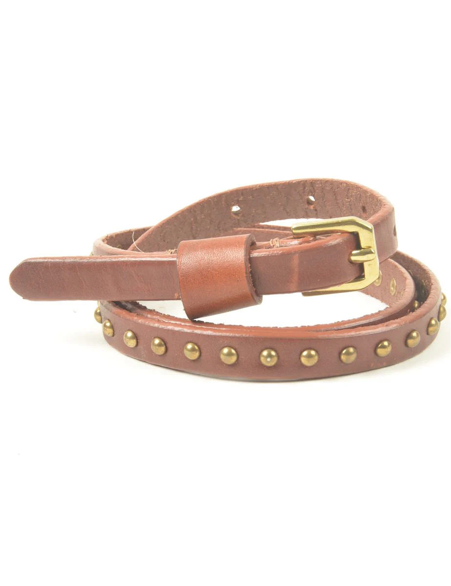 Vintage Brown Leather Detailed Skinny Belt  - M