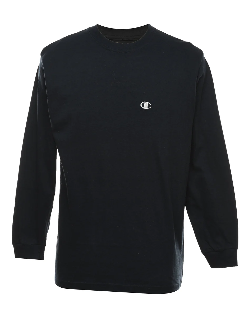 Vintage Champion Plain Black Long-Sleeve T-shirt - M