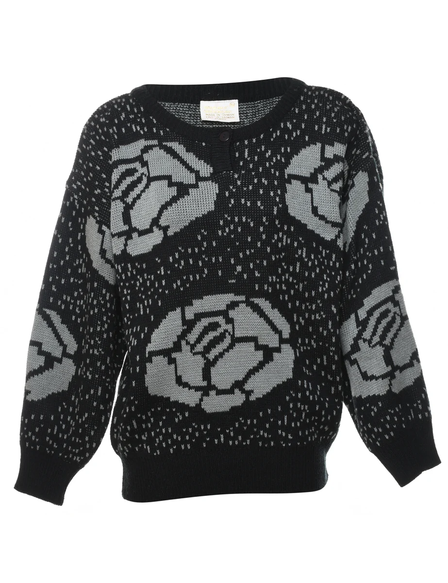 Vintage Floral Knit Black & Grey Knit Jumper - M