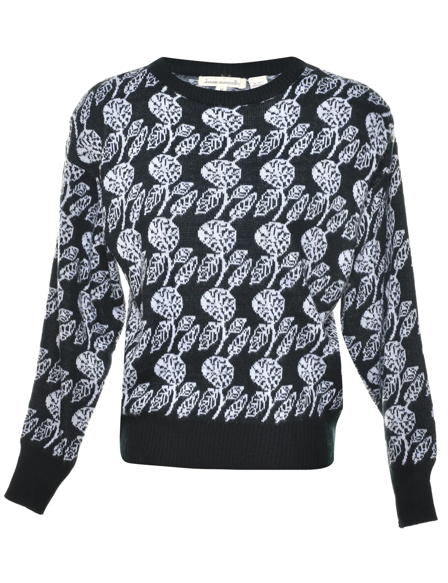 Vintage Floral Pattern Black & White Knit Jumper - M