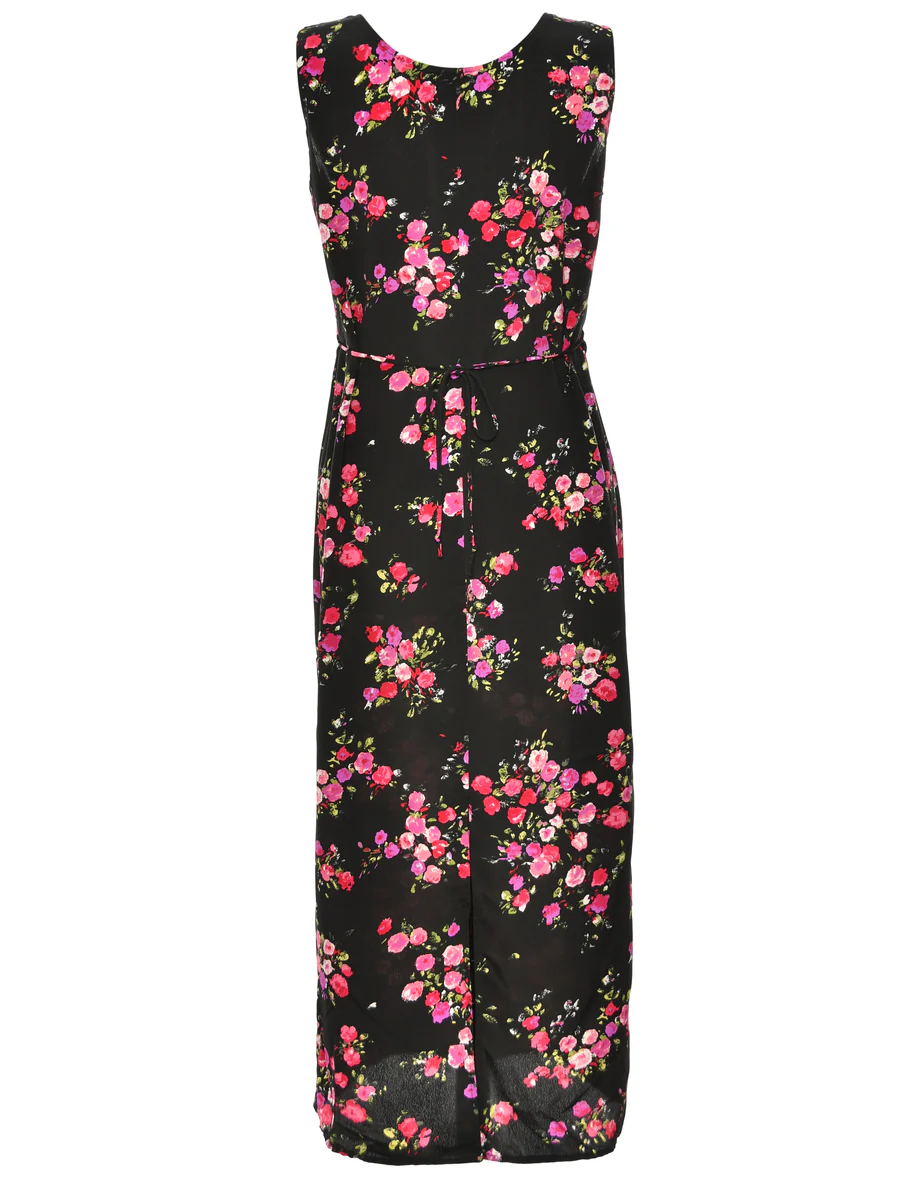Vintage Floral Print Black Dress - L - Image 2