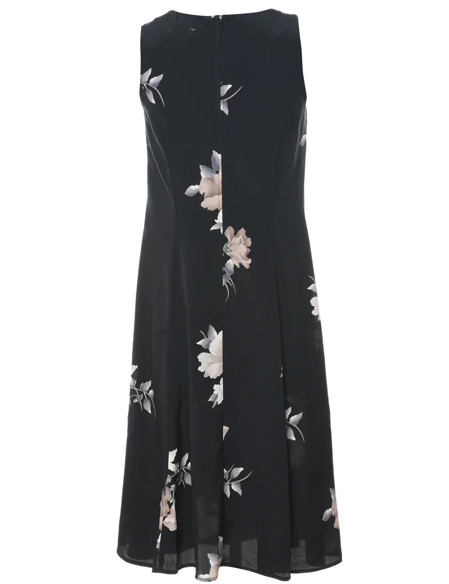 Vintage Floral Print Black & Pale Pink Dress - M - Image 2