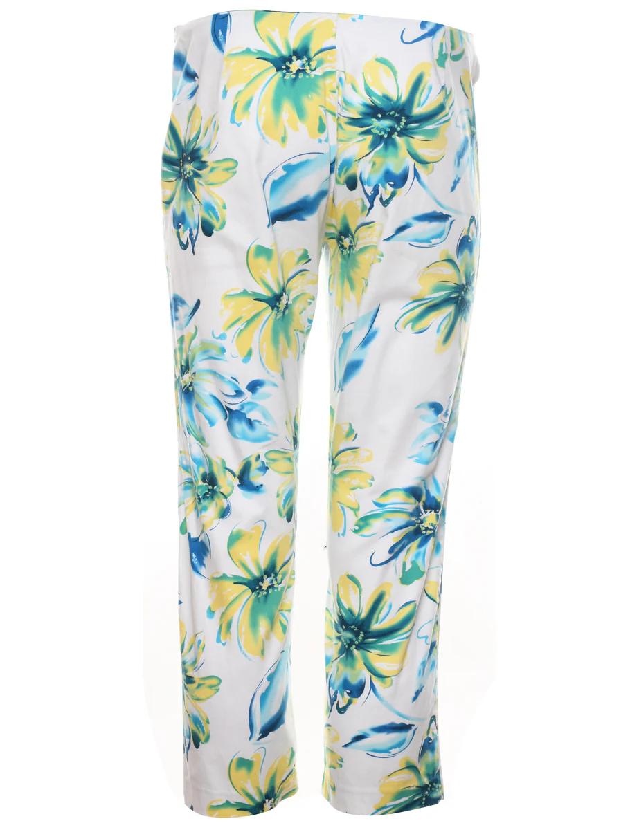 Vintage Floral Print Blue & Off-White Trousers - W34 L26 - Image 2