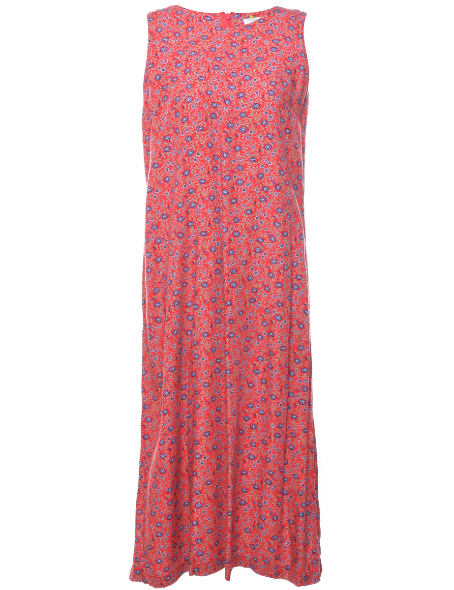 Vintage Floral Print Blue & Red Shift Dress - M