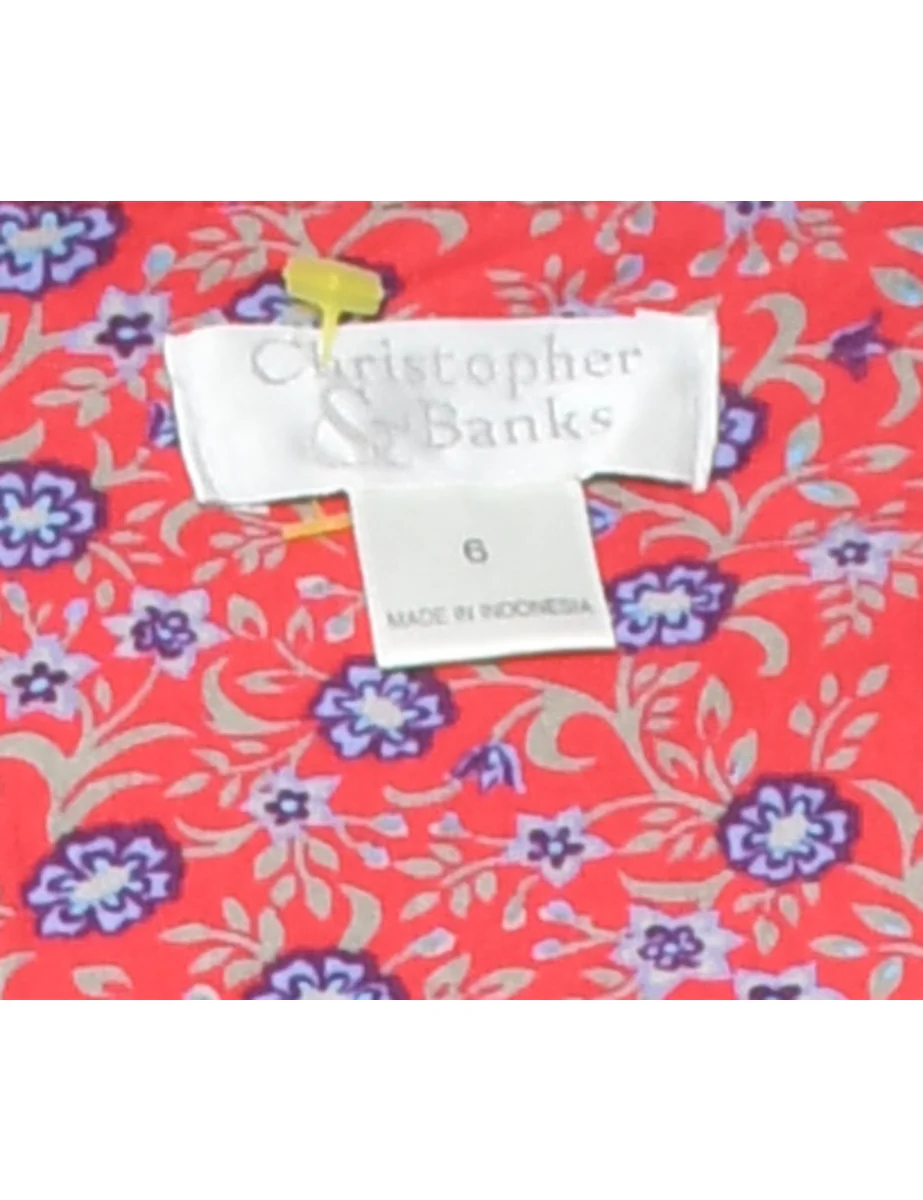 Vintage Floral Print Blue & Red Shift Dress - M - Image 4