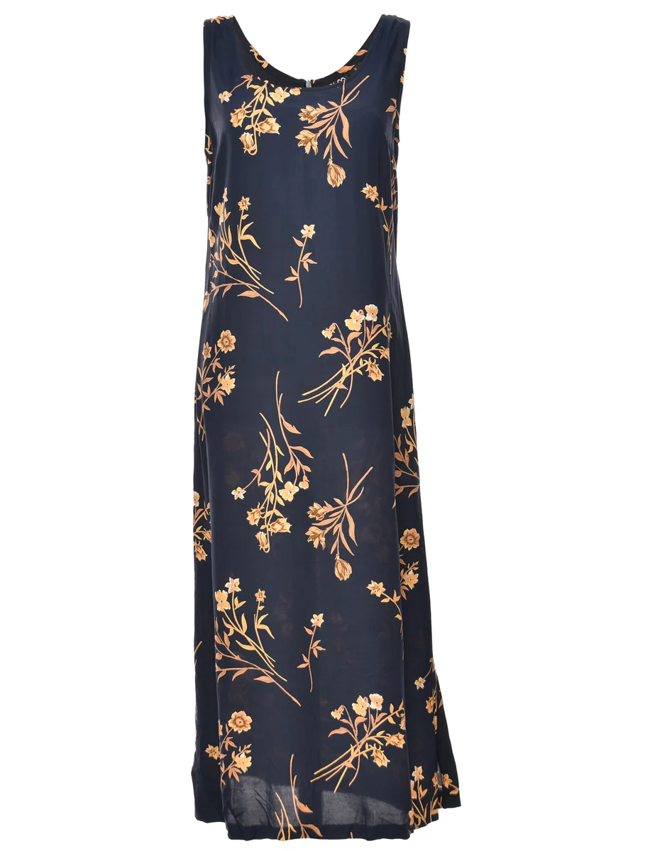 Vintage Floral Print Navy & Brown V-Neck Dress - L