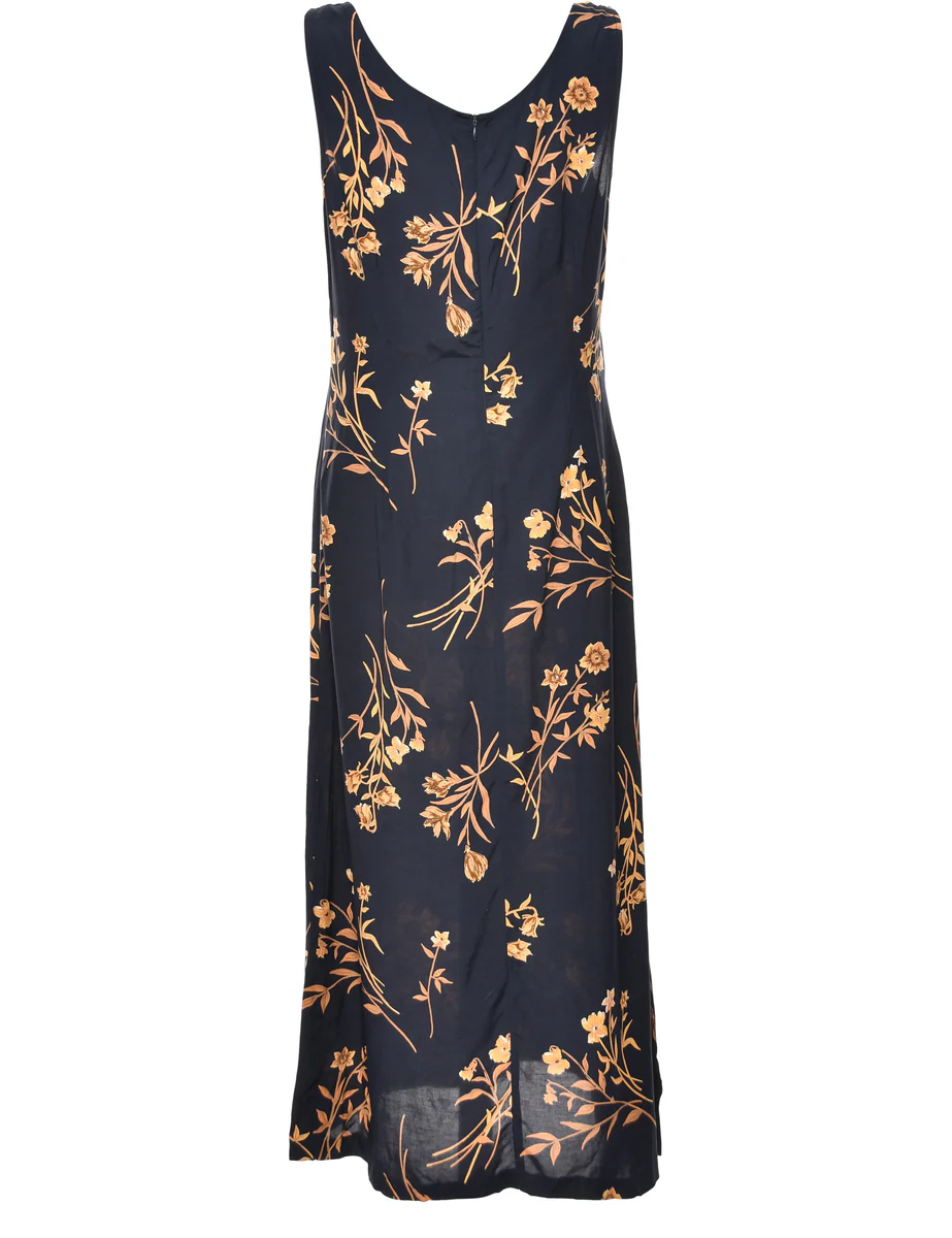 Vintage Floral Print Navy & Brown V-Neck Dress - L - Image 2
