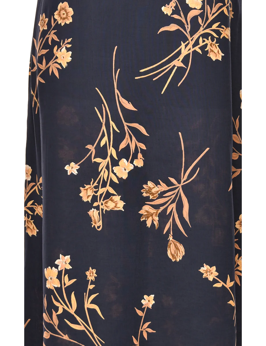 Vintage Floral Print Navy & Brown V-Neck Dress - L - Image 3