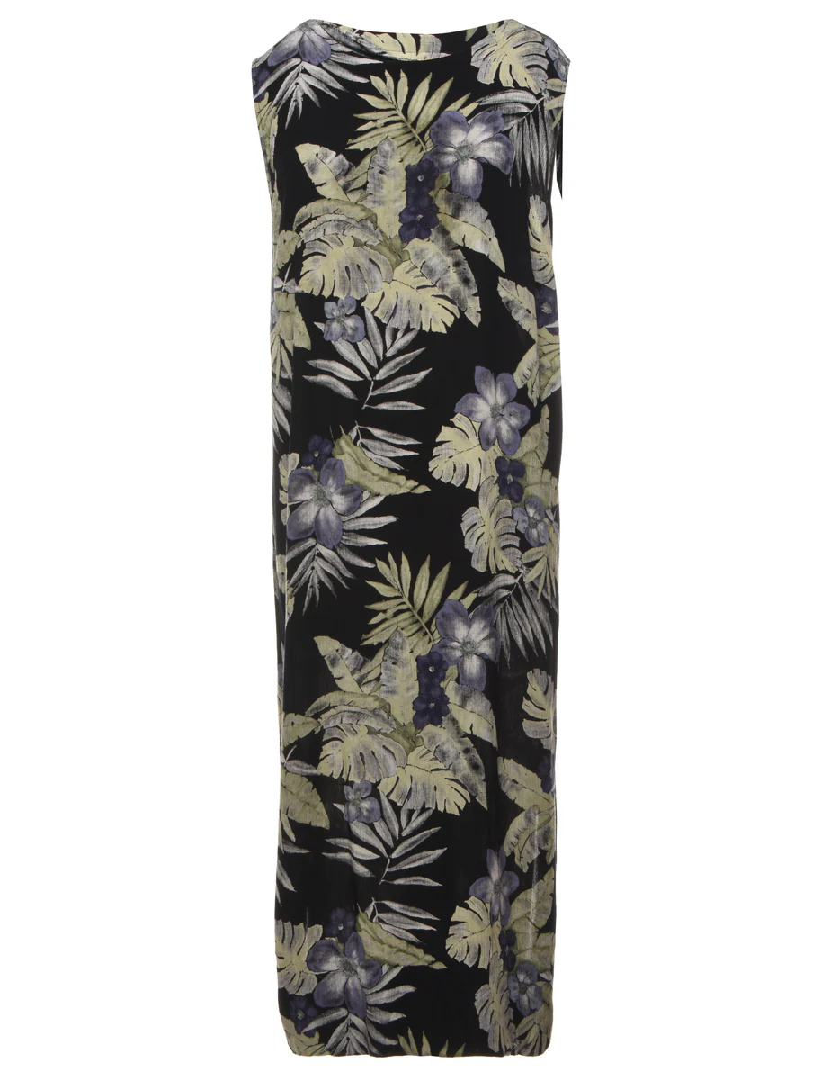 Vintage Hawaiian Print Black Maxi Dress - XL