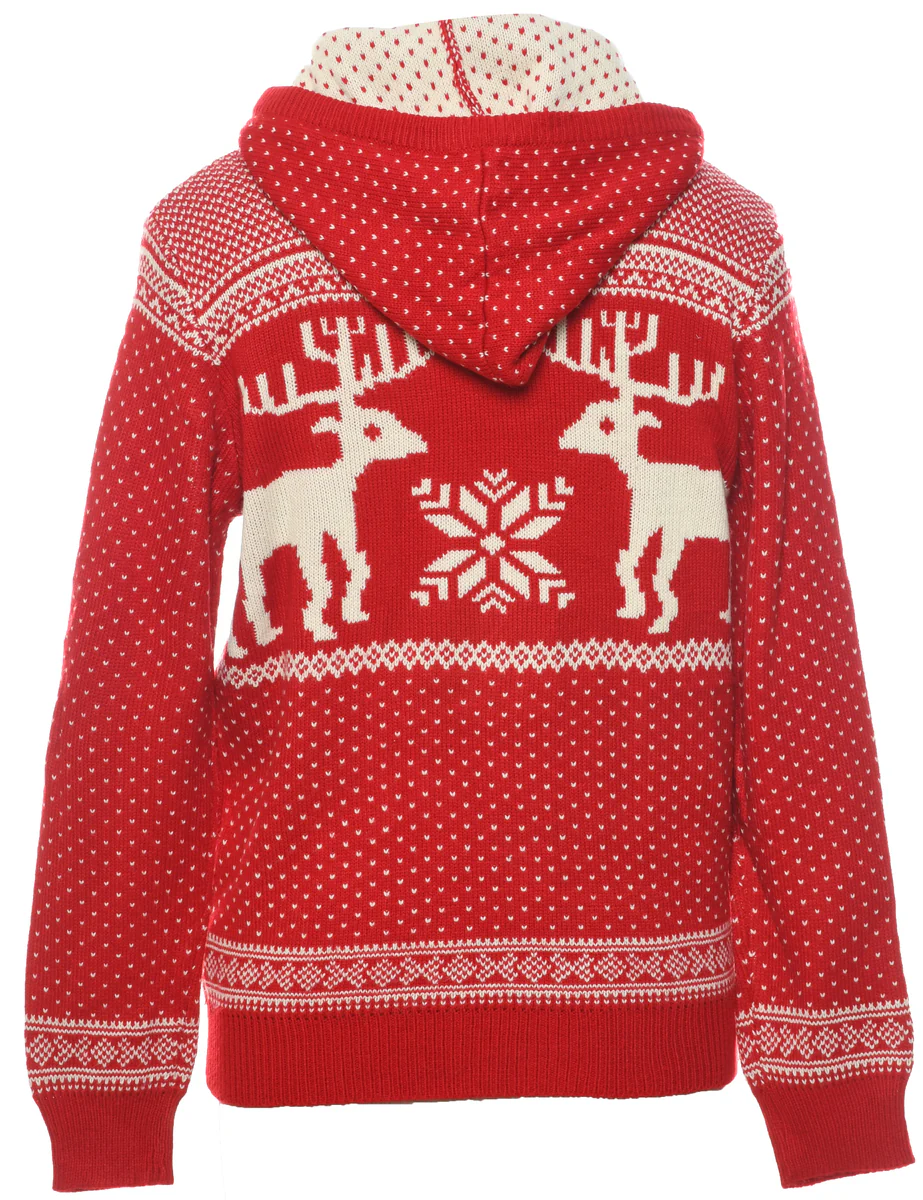 Vintage Hooded Nordic Red Jumper - L - Image 2