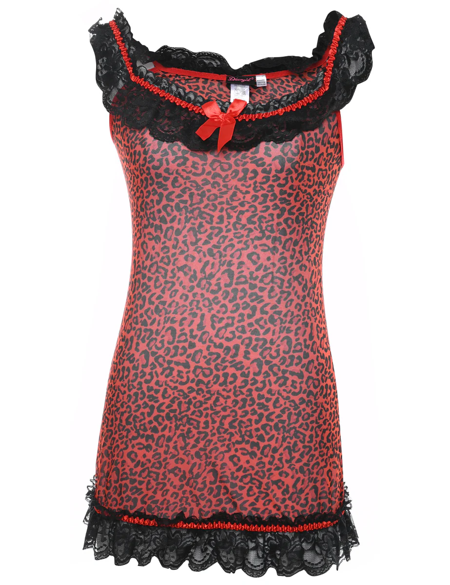 Y2K Vintage Leopard Print Red & Black Sheer Ruffled Lace Hem Babydoll - S