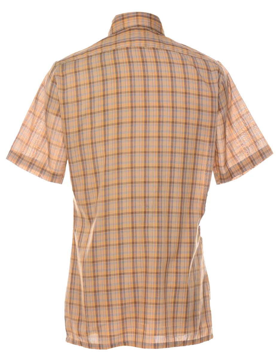 Vintage Light Brown Checked Short-Sleeve Shirt - S - Image 2