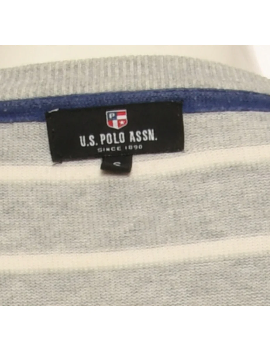 Vintage Light Grey U.S.Polo Assn Striped Jumper - S - Image 4