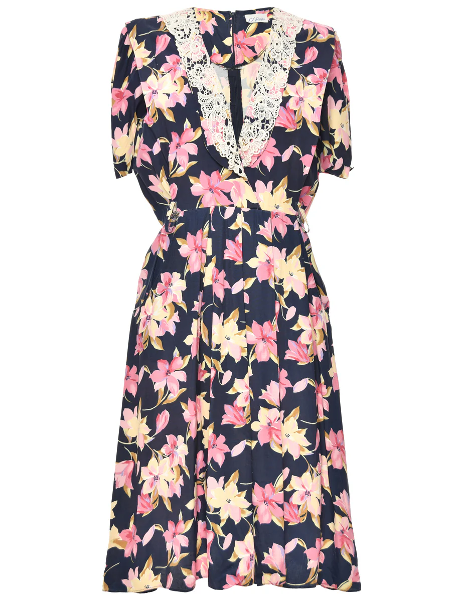 Vintage Navy & Pink Pleated Lace Trim Dress - M