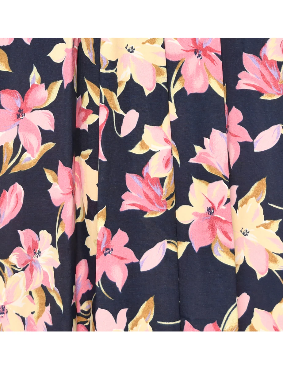 Vintage Navy & Pink Pleated Lace Trim Dress - M - Image 3