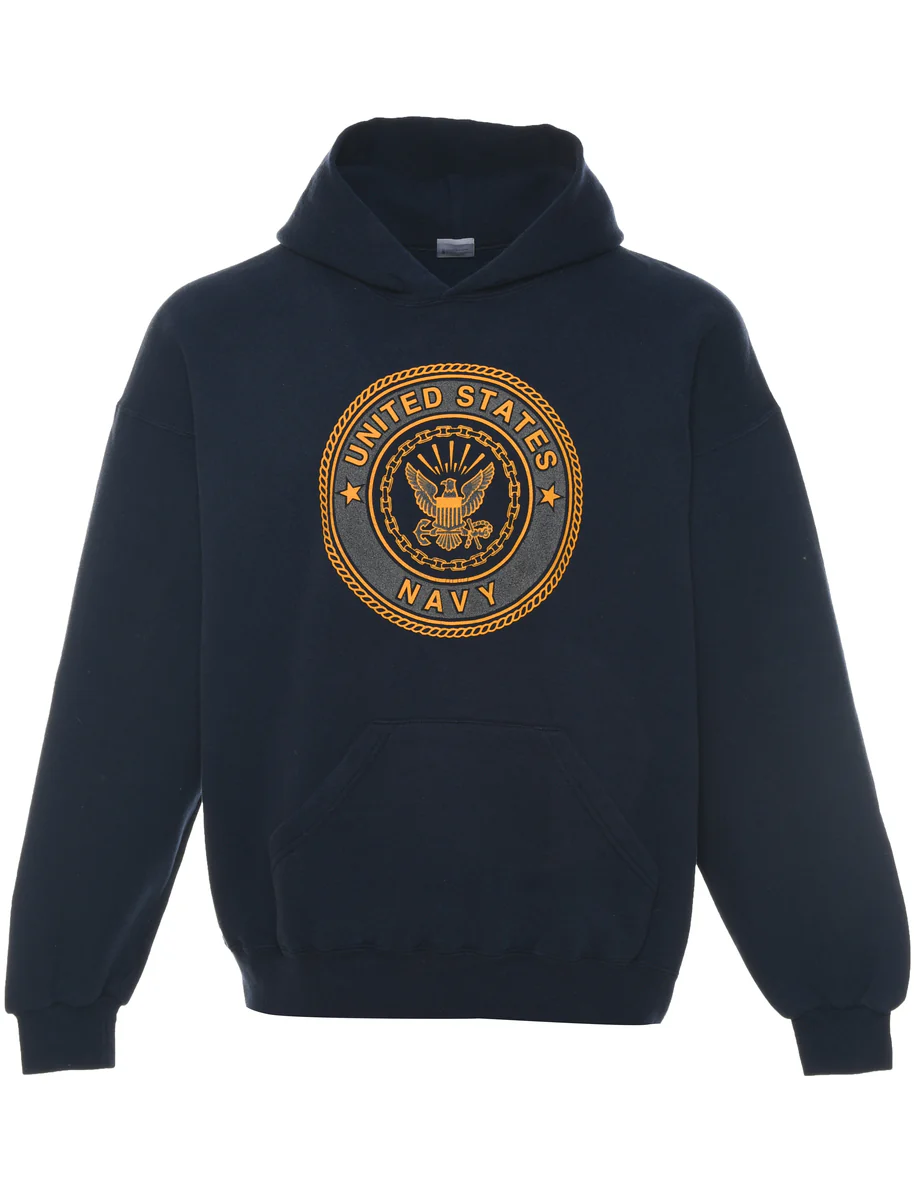 Vintage Navy Printed Hoodie - XL