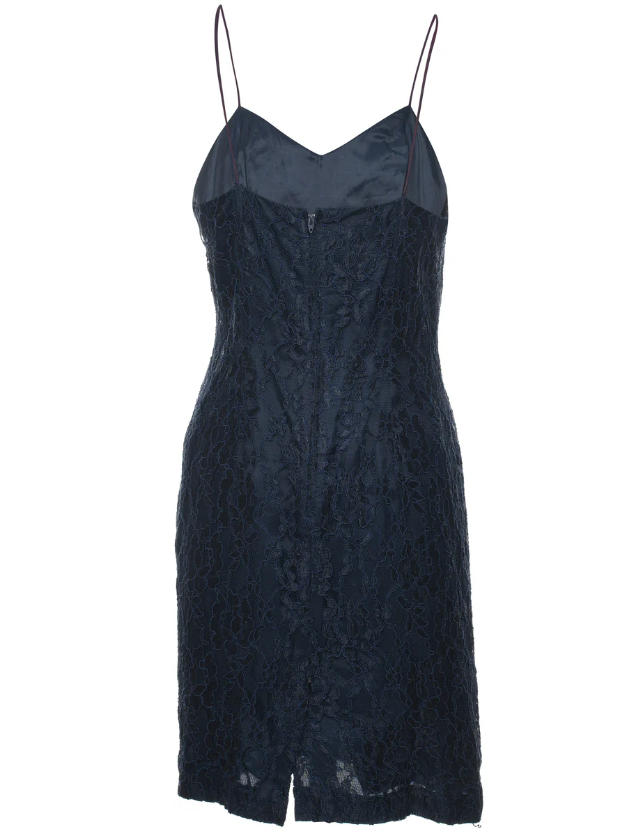 Vintage Navy Strappy 1990s Lace Evening Dress - M - Image 2