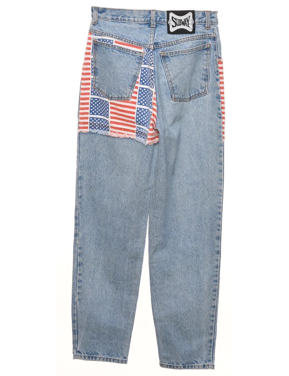 Vintage Patchwork Appliqued American Flag Design Tapered Jeans - W26 L30 - Image 2