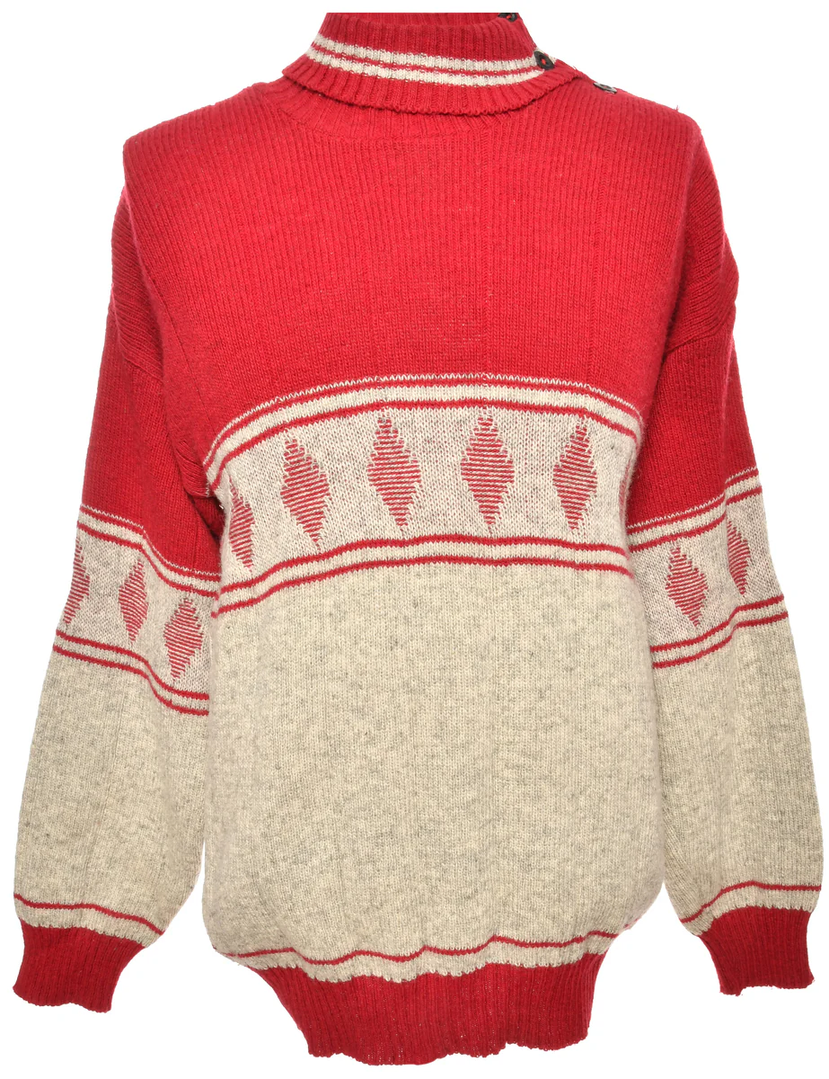 Vintage Patterned Grey And Red Jumper - L