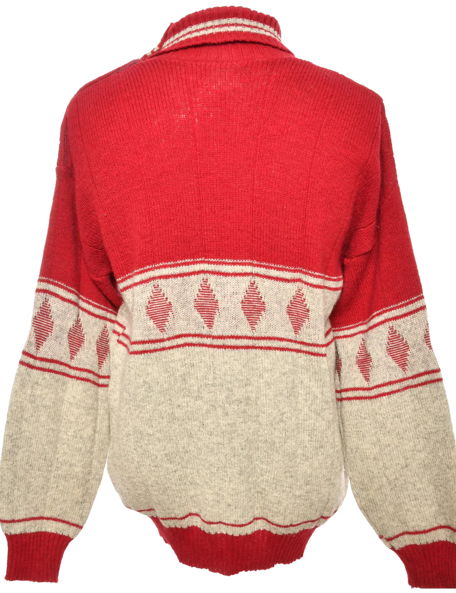 Vintage Patterned Grey And Red Jumper - L - Image 2