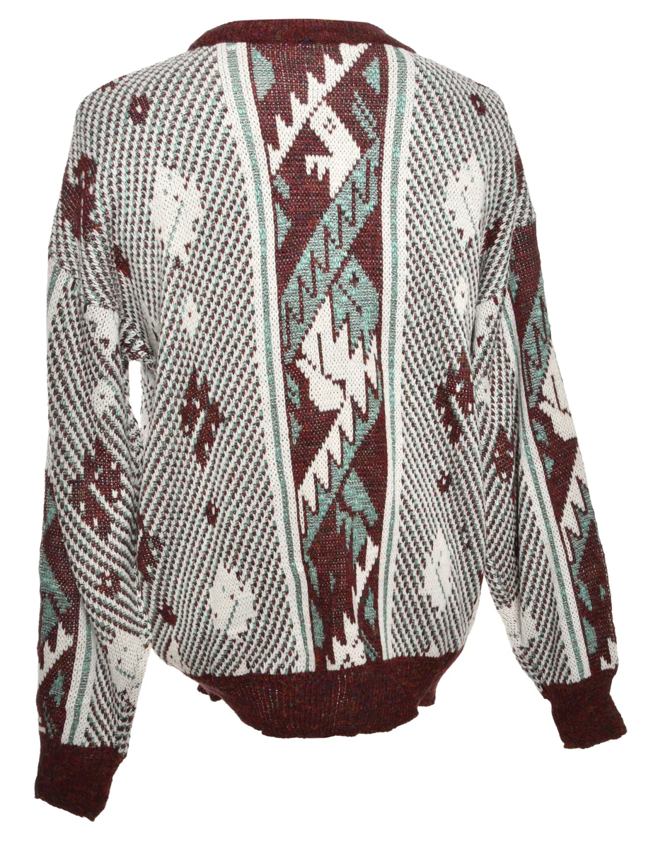 Vintage Patterned Maroon & White Jumper - M - Image 2
