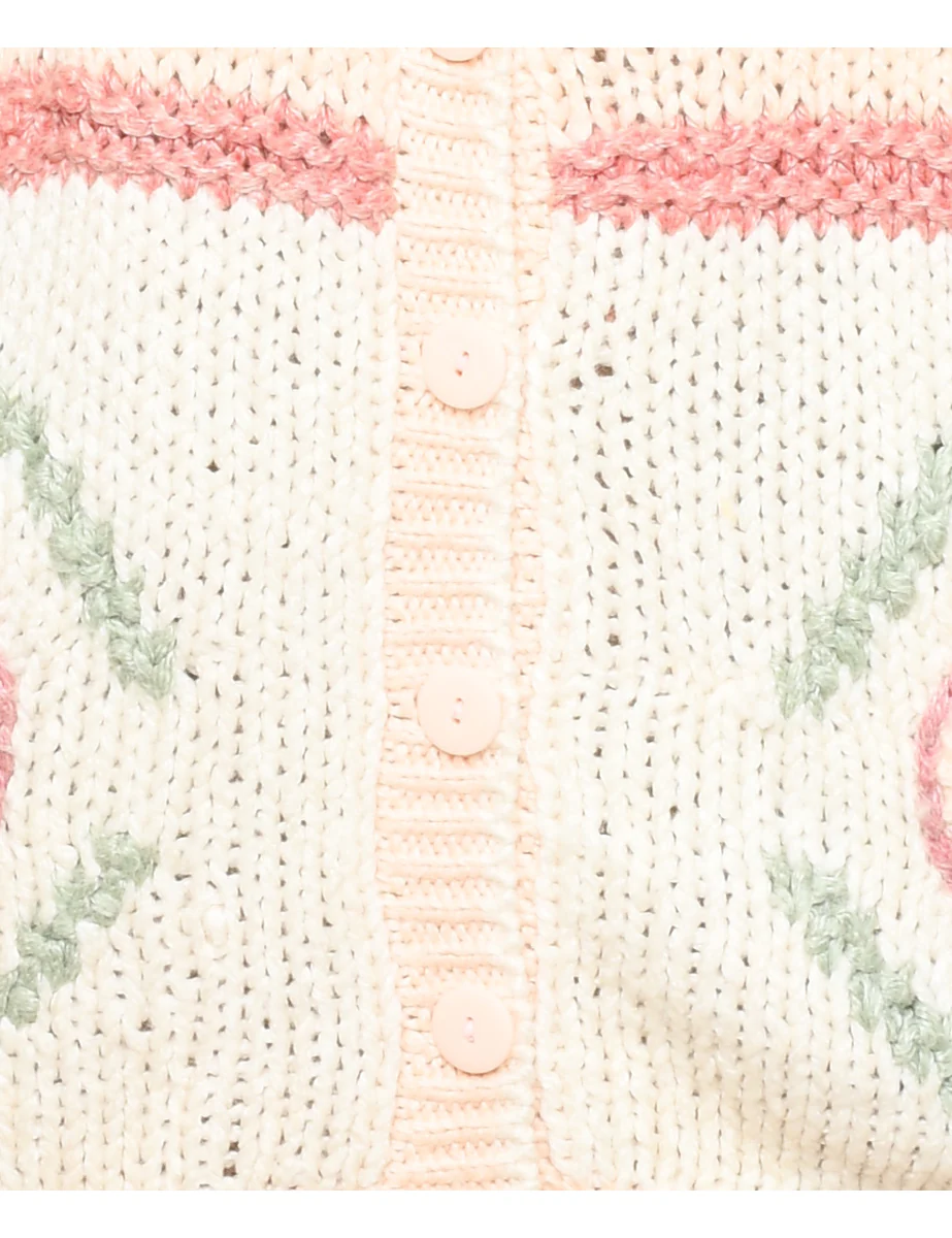 Vintage Patterned Peach Knit Cardigan - M - Image 3