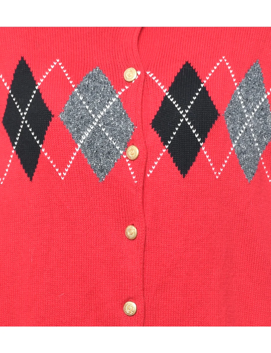 Vintage Red Argyle Cardigan - M - Image 3