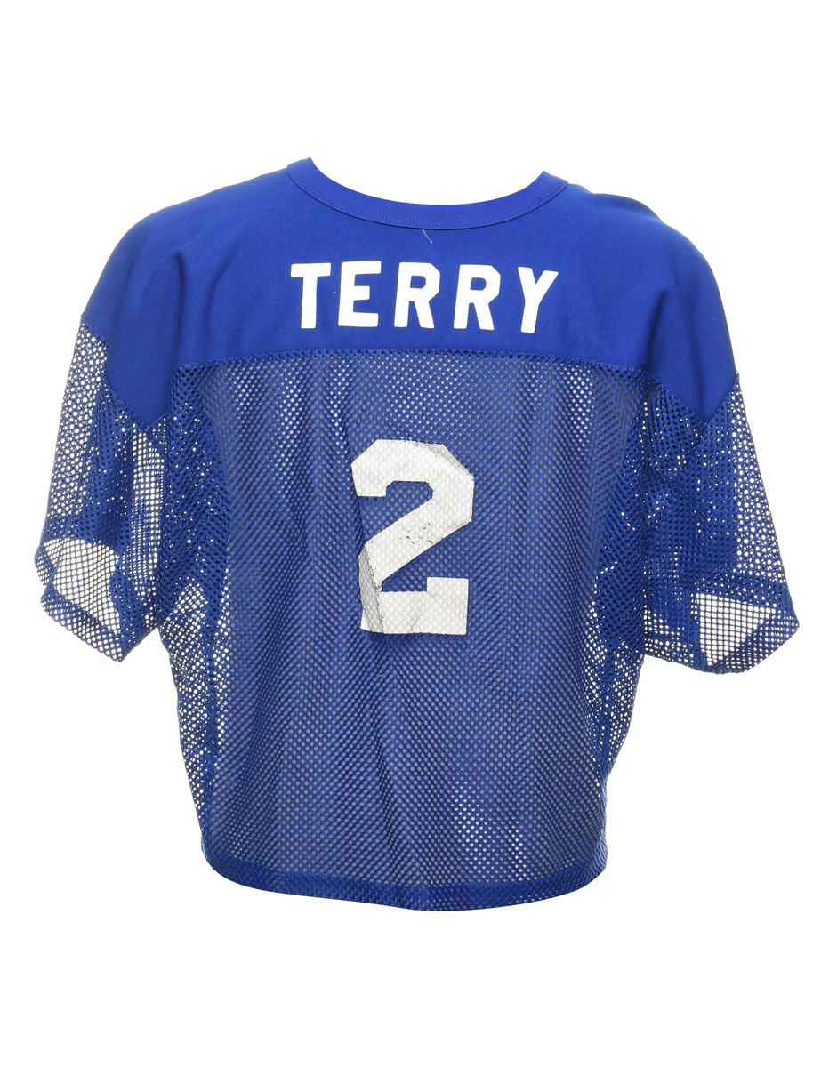 Vintage Russell Athletic White & Blue Mesh T-Shirt - L - Image 2