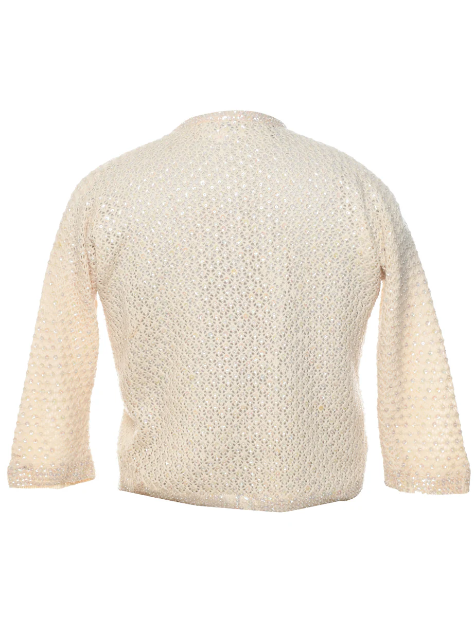 Vintage Sequined Off White Cardigan - S - Image 2