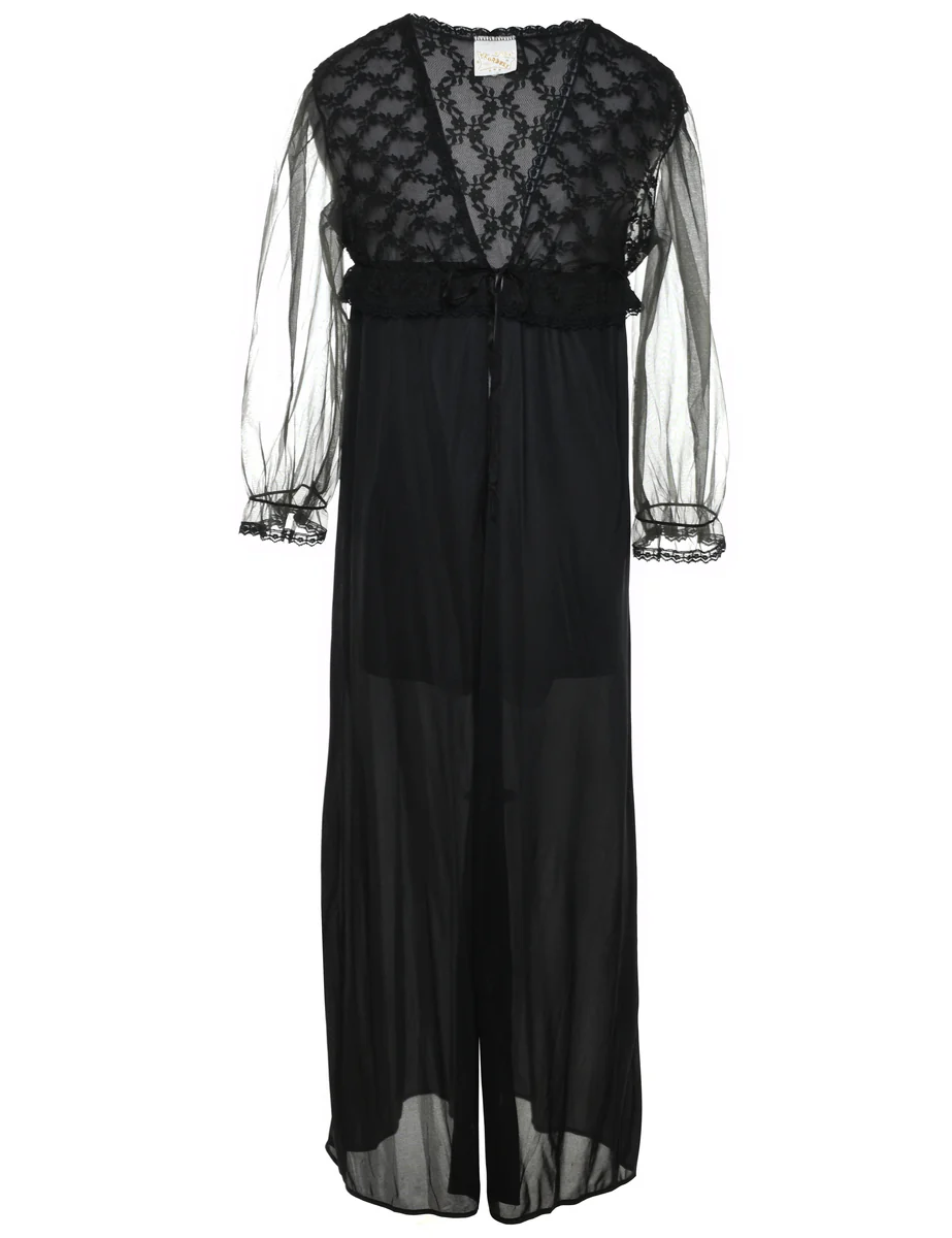 1980s Sheer Sleeved Black Vintage Lace Nightdress - M