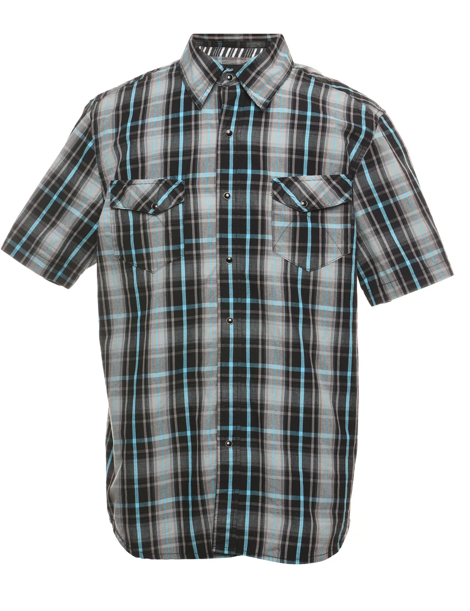 Vintage Short Sleeve Black & Light Blue Checked Shirt - M