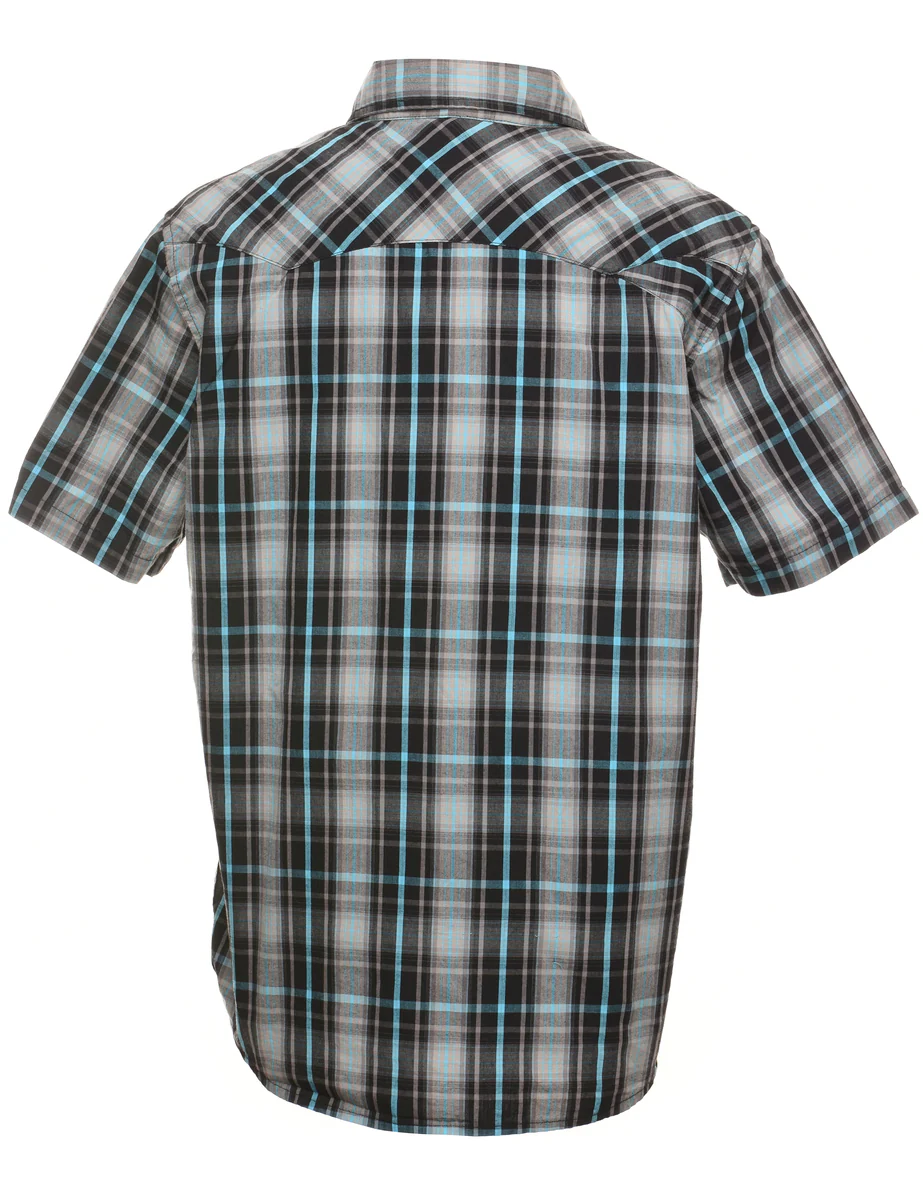 Vintage Short Sleeve Black & Light Blue Checked Shirt - M - Image 2