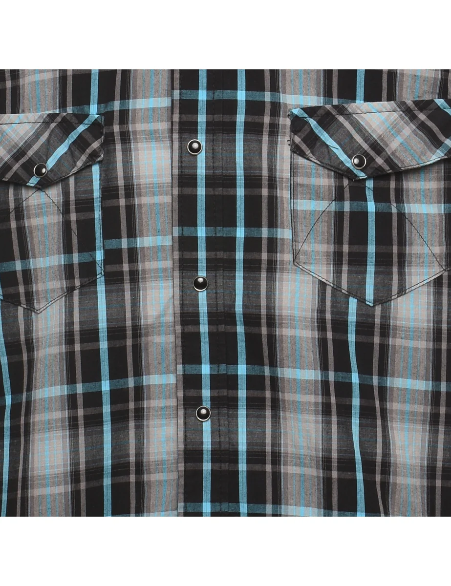 Vintage Short Sleeve Black & Light Blue Checked Shirt - M - Image 3