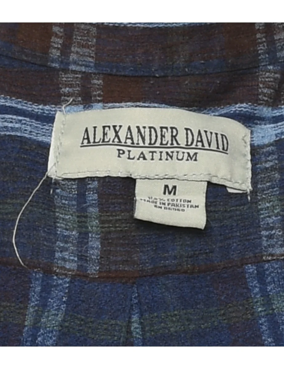 Vintage Short Sleeve Blue & Brown Checked Shirt - M - Image 4