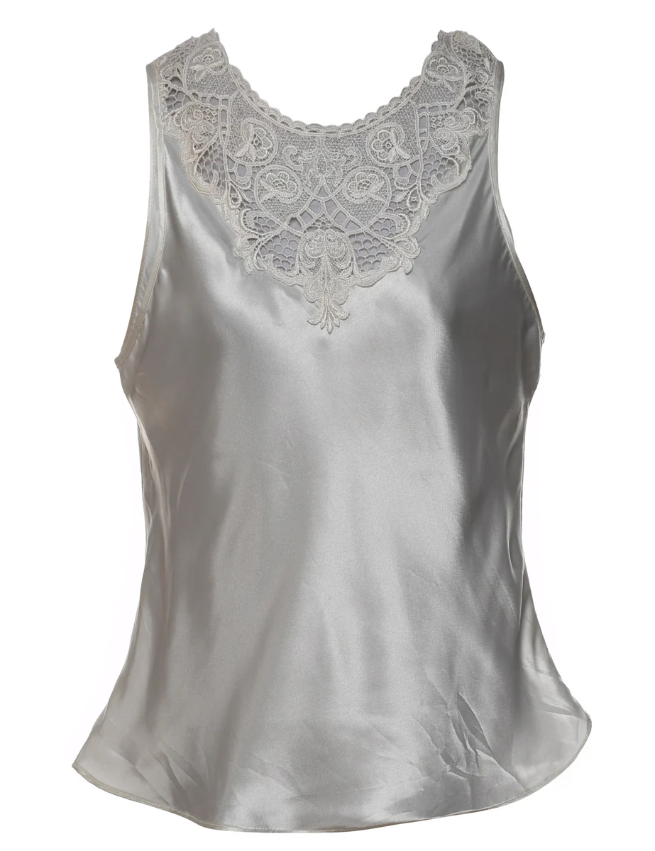 Vintage Silver Silky Lace Trim Cami Top - M