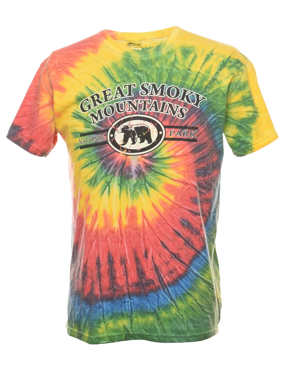 Vintage Tie Dye Design Great Smoky Mountains Printed T-shirt - M